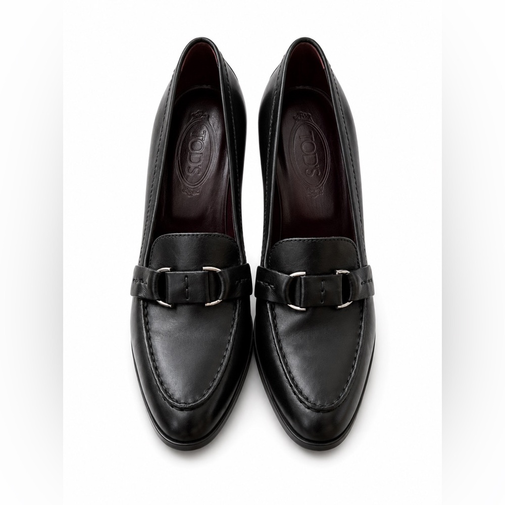 Tod’s Black Leather Loafer Pumps Block Heel Corporate Office Siren 38 1/2